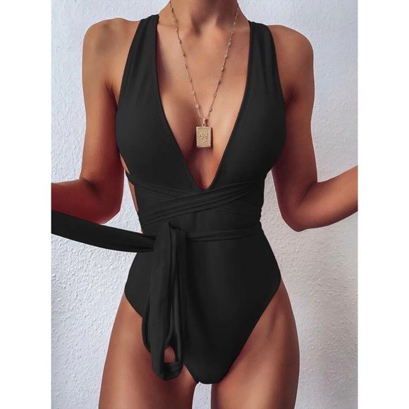 Other - Plunge wrap around one piece swimsuit black boho